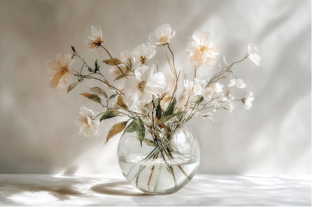 Light floral wall art print with soft morning tones and airy composition, peaceful decor for modern living