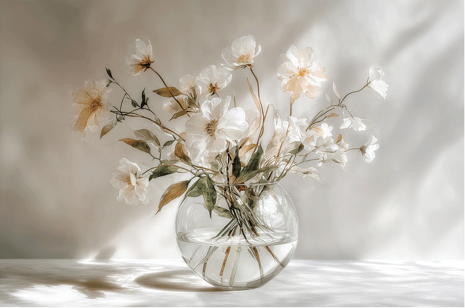 Light floral wall art print with soft morning tones and airy composition, peaceful decor for modern living
