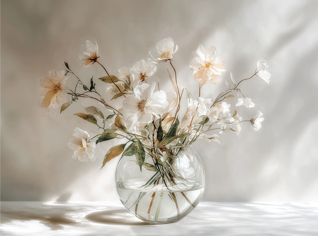 Light floral wall art print with soft morning tones and airy composition, peaceful decor for modern living