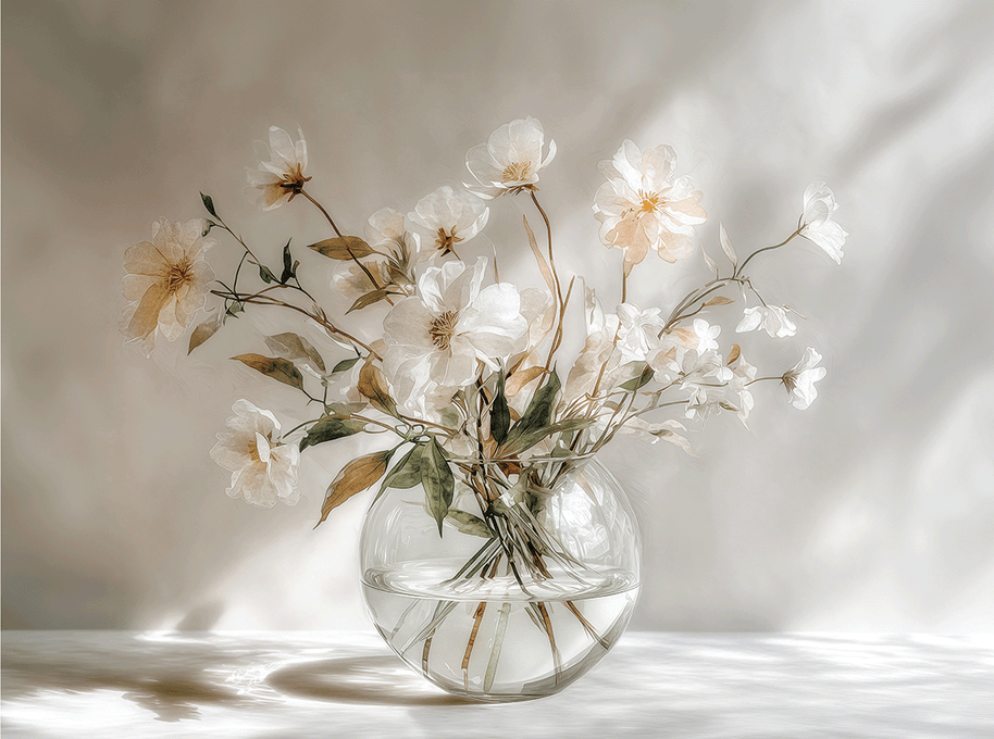 Light floral wall art print with soft morning tones and airy composition, peaceful decor for modern living