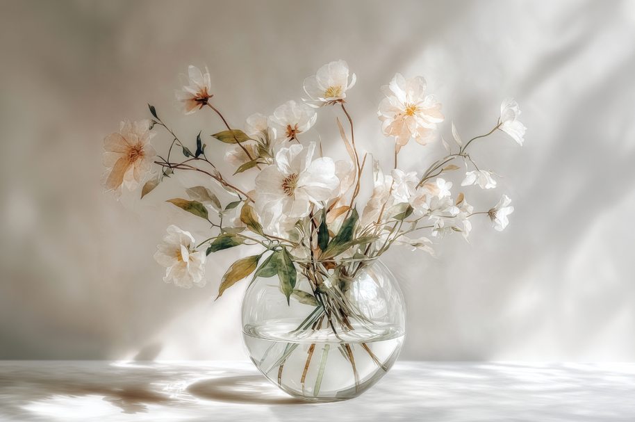 Light floral wall art print with soft morning tones and airy composition, peaceful decor for modern living