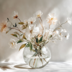 Light floral wall art print with soft morning tones and airy composition, peaceful decor for modern living