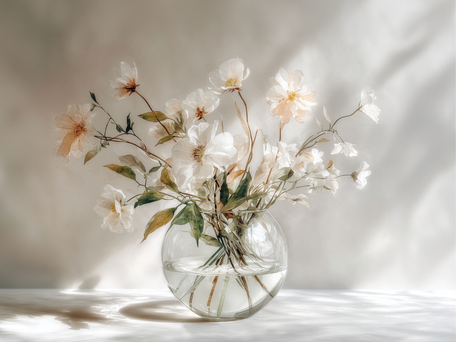 Light floral wall art print with soft morning tones and airy composition, peaceful decor for modern living
