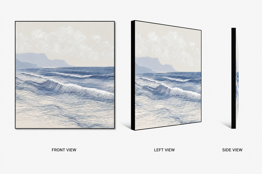 Long Tide — long continuous wave lines on swappable fabric wall art, shown in a 24x24 inch Framilie aluminum frame from front, angle and side