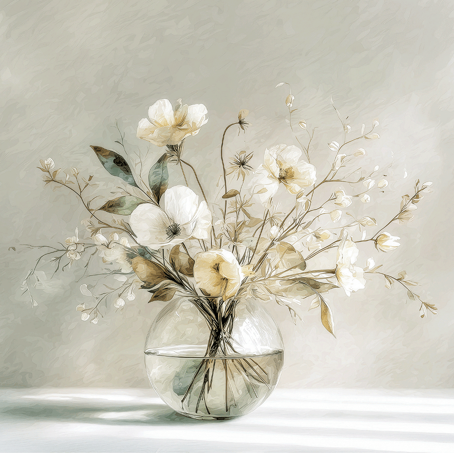 Floral wall art print with warm golden petals and soft neutral tones, elegant decor for modern home