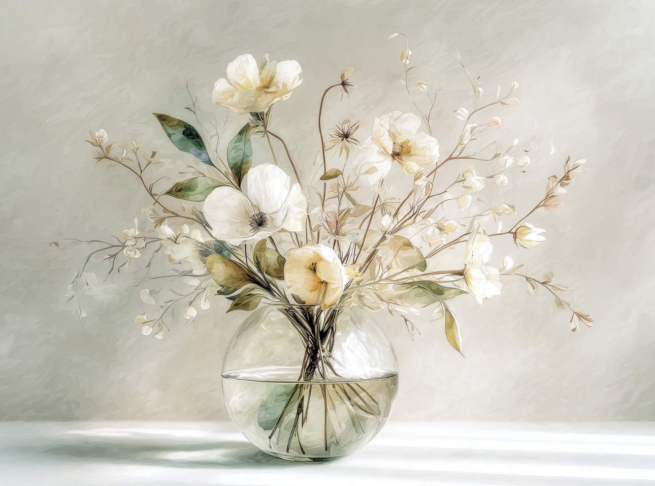 Floral wall art print with warm golden petals and soft neutral tones, elegant decor for modern home