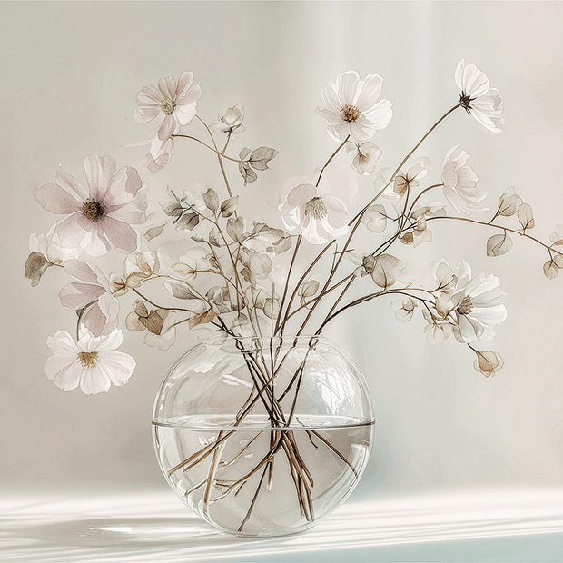 Minimal floral wall art print with delicate stems and soft neutral tones, calm decor for modern home