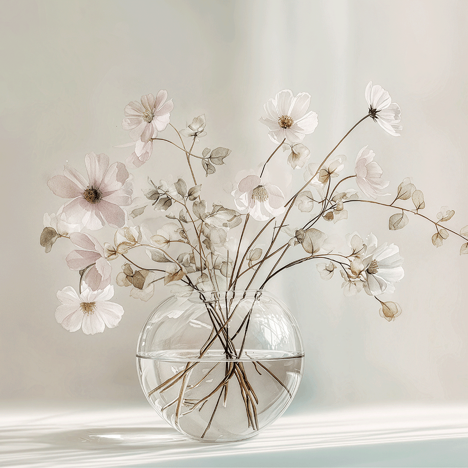 Minimal floral wall art print with delicate stems and soft neutral tones, calm decor for modern home
