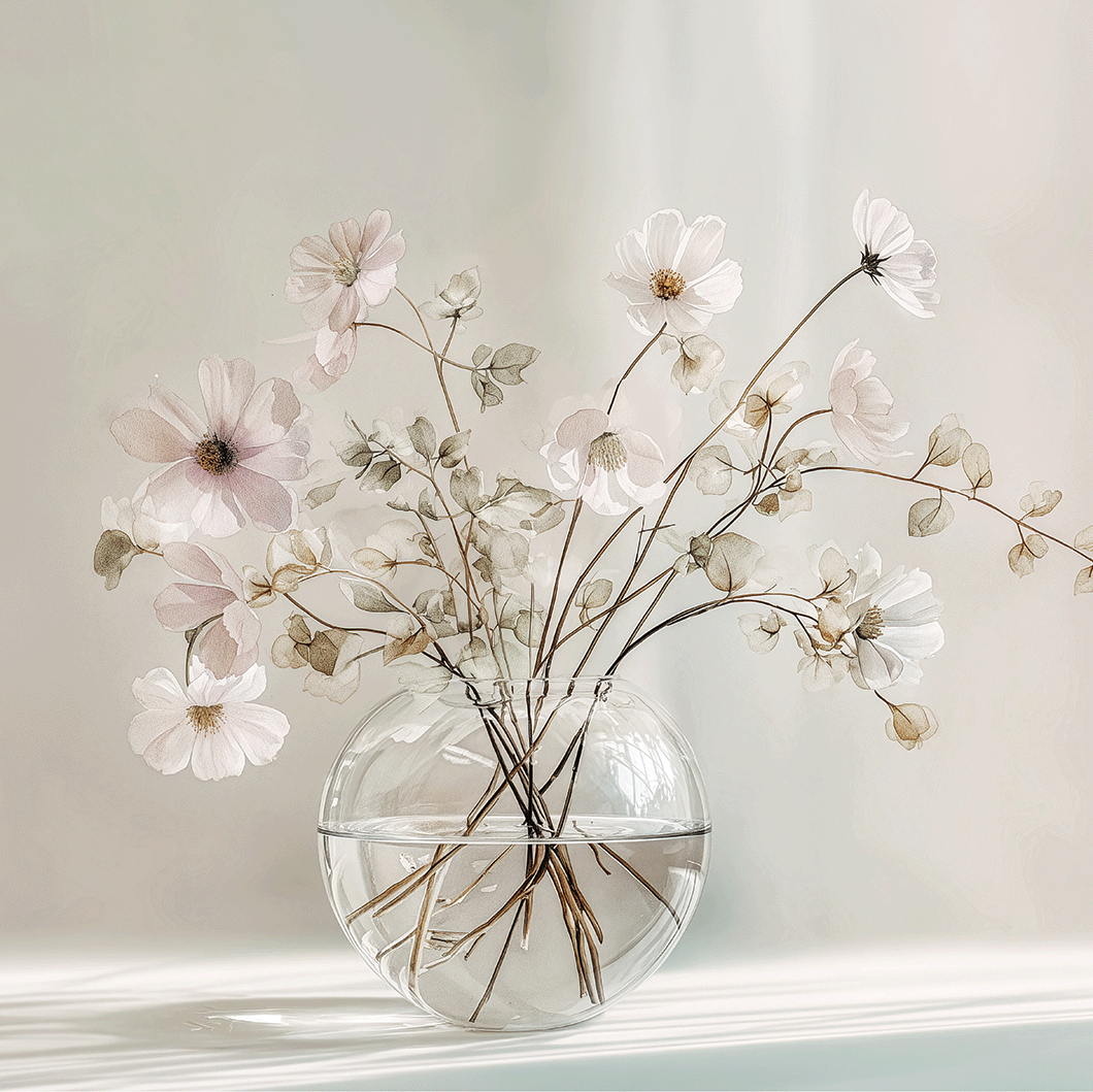 Minimal floral wall art print with delicate stems and soft neutral tones, calm decor for modern home