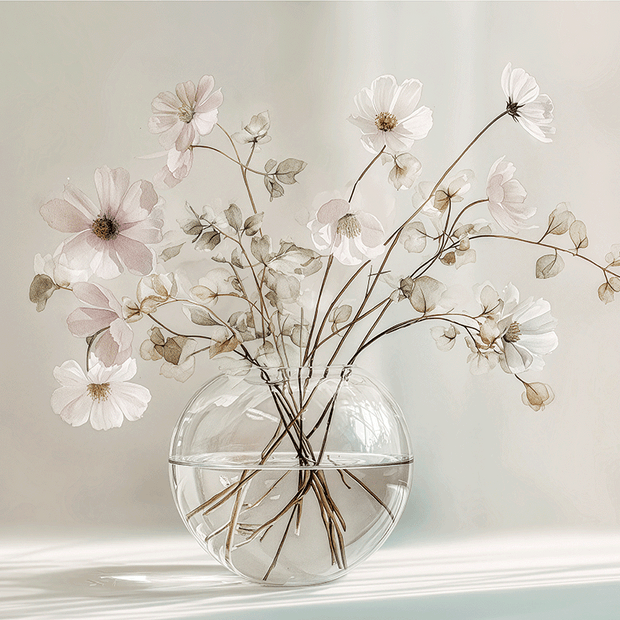 Minimal floral wall art print with delicate stems and soft neutral tones, calm decor for modern home