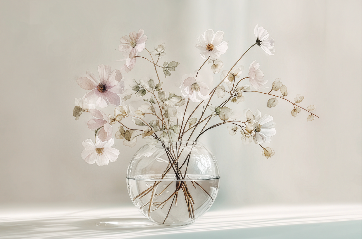 Minimal floral wall art print with delicate stems and soft neutral tones, calm decor for modern home