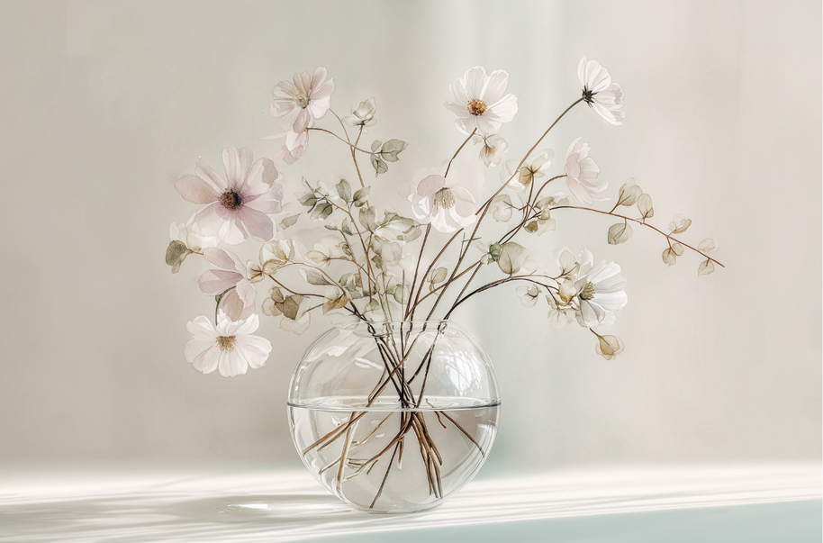 Minimal floral wall art print with delicate stems and soft neutral tones, calm decor for modern home