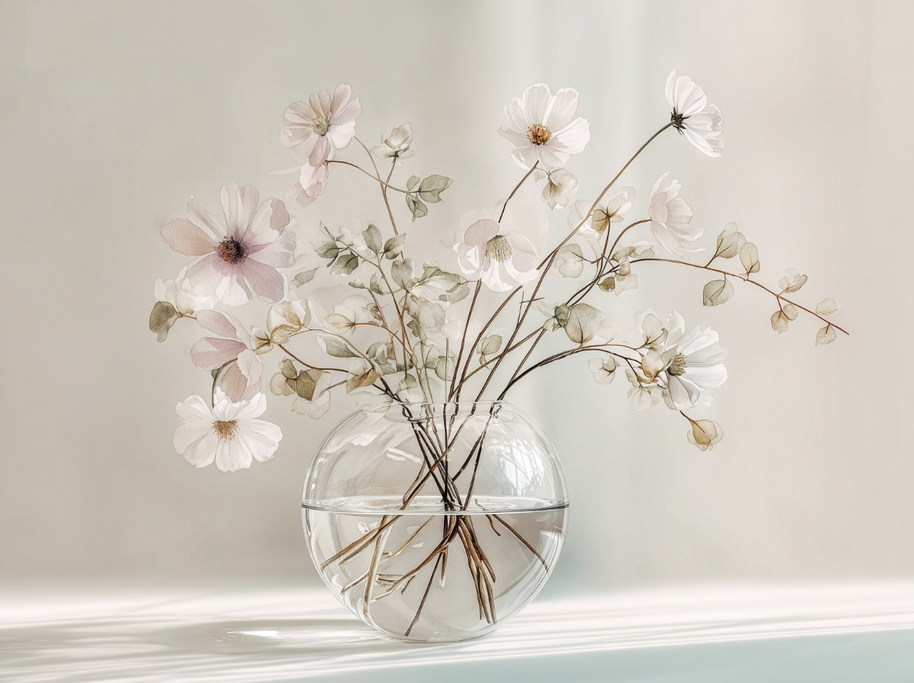 Minimal floral wall art print with delicate stems and soft neutral tones, calm decor for modern home