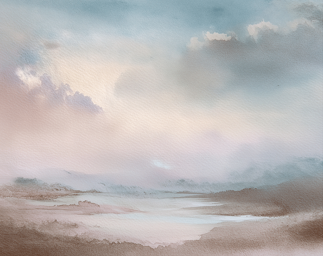 Minimal landscape wall art print with distant ridge lines and airy tones, peaceful modern decor