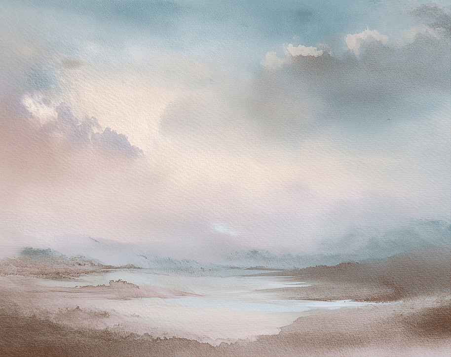 Minimal landscape wall art print with distant ridge lines and airy tones, peaceful modern decor