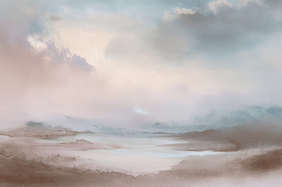 Minimal landscape wall art print with distant ridge lines and airy tones, peaceful modern decor