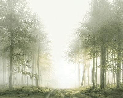 Misty forest wall art print with quiet trail and soft tones, calm nature decor
