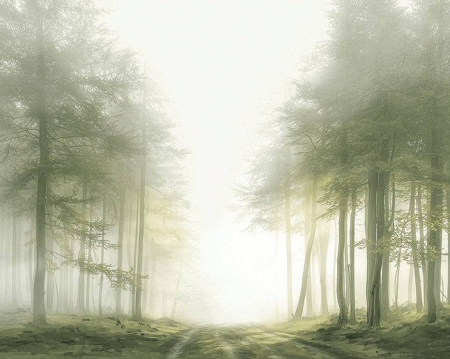Misty forest wall art print with quiet trail and soft tones, calm nature decor