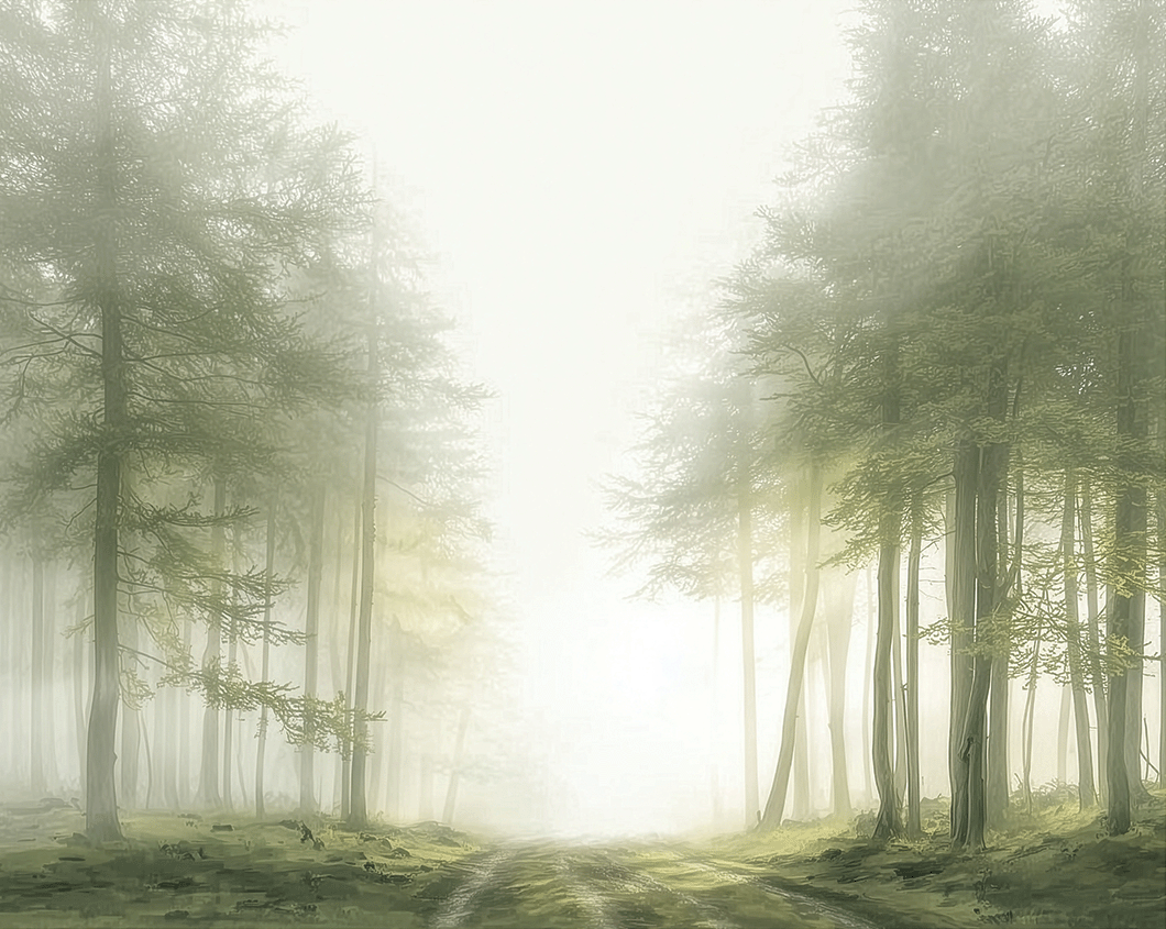 Misty forest wall art print with quiet trail and soft tones, calm nature decor