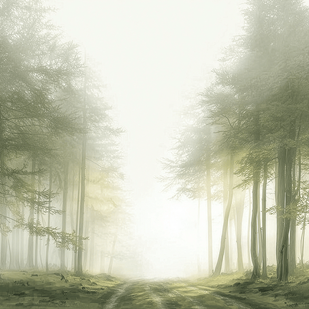 Misty forest wall art print with quiet trail and soft tones, calm nature decor