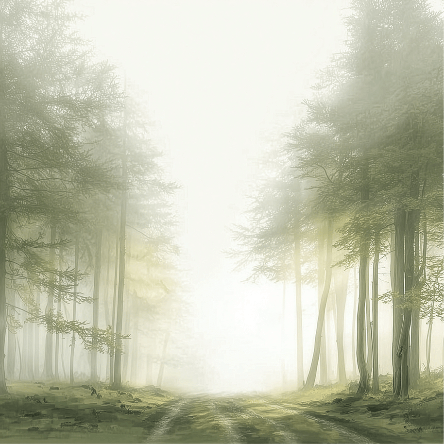 Misty forest wall art print with quiet trail and soft tones, calm nature decor
