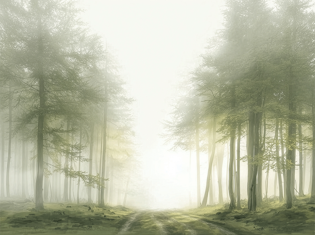 Misty forest wall art print with quiet trail and soft tones, calm nature decor
