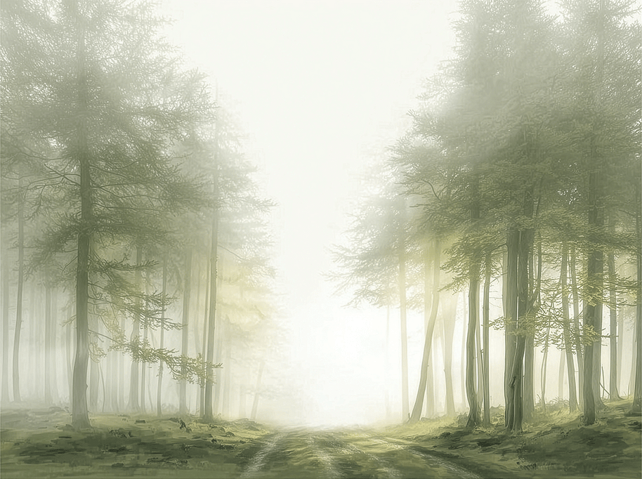 Misty forest wall art print with quiet trail and soft tones, calm nature decor