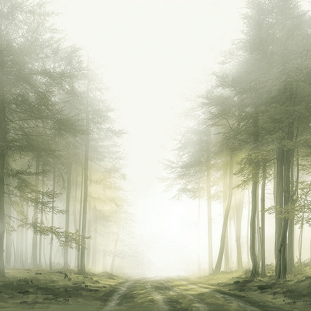 Misty forest wall art print with quiet trail and soft tones, calm nature decor