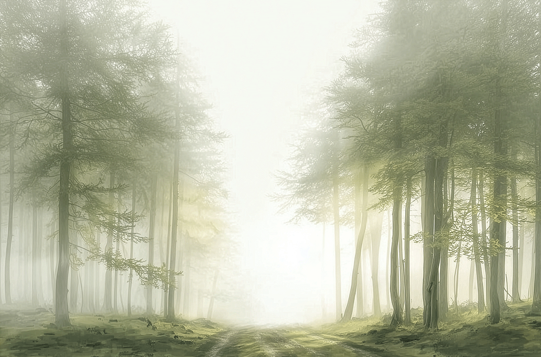 Misty forest wall art print with quiet trail and soft tones, calm nature decor