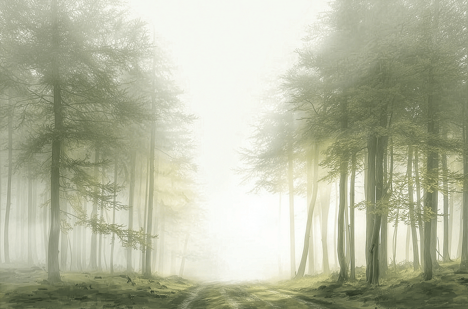 Misty forest wall art print with quiet trail and soft tones, calm nature decor