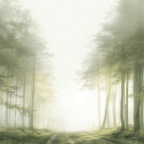 Misty forest wall art print with quiet trail and soft tones, calm nature decor