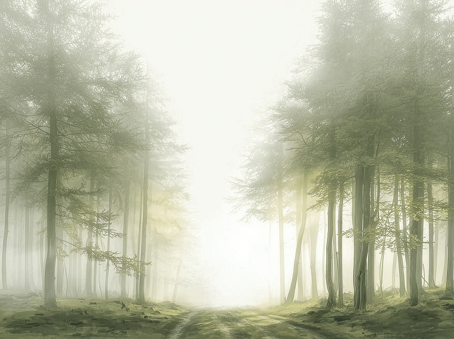 Misty forest wall art print with quiet trail and soft tones, calm nature decor