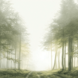 Misty forest wall art print with quiet trail and soft tones, calm nature decor