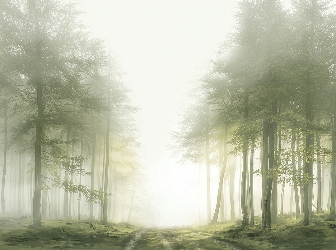 Misty forest wall art print with quiet trail and soft tones, calm nature decor