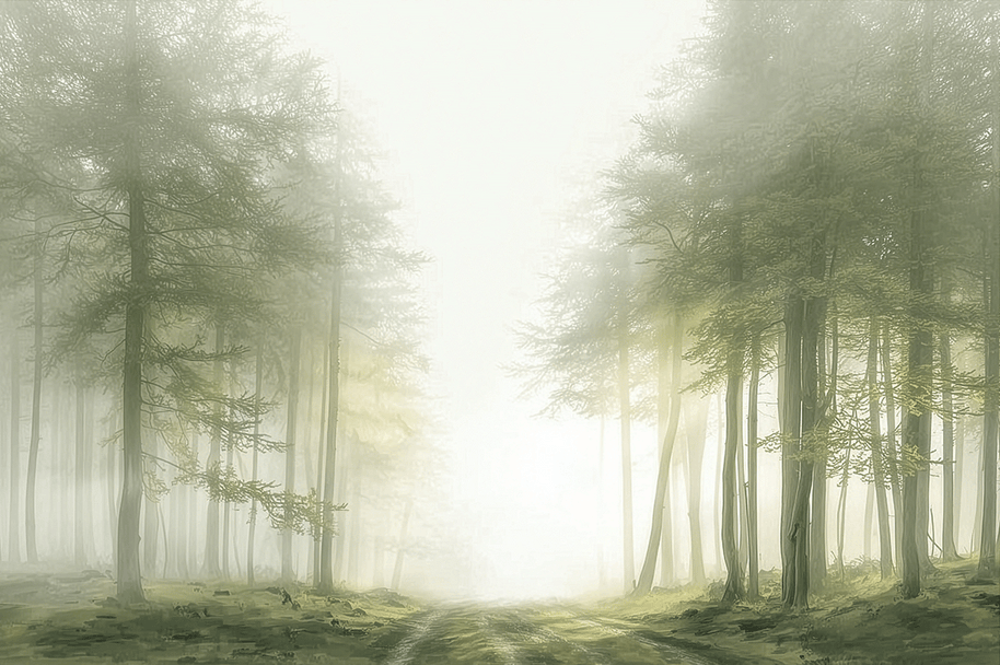 Misty forest wall art print with quiet trail and soft tones, calm nature decor