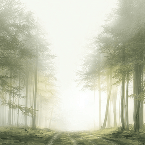 Misty forest wall art print with quiet trail and soft tones, calm nature decor