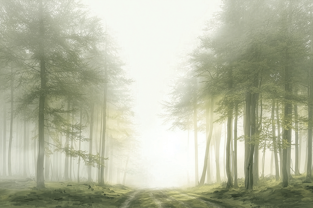 Misty forest wall art print with quiet trail and soft tones, calm nature decor