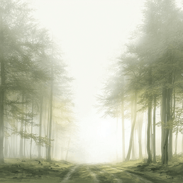 Misty forest wall art print with quiet trail and soft tones, calm nature decor