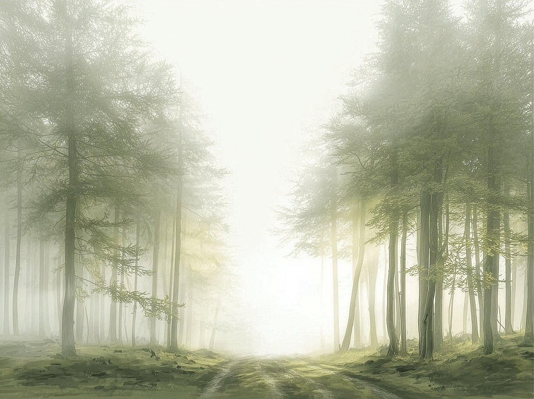 Misty forest wall art print with quiet trail and soft tones, calm nature decor