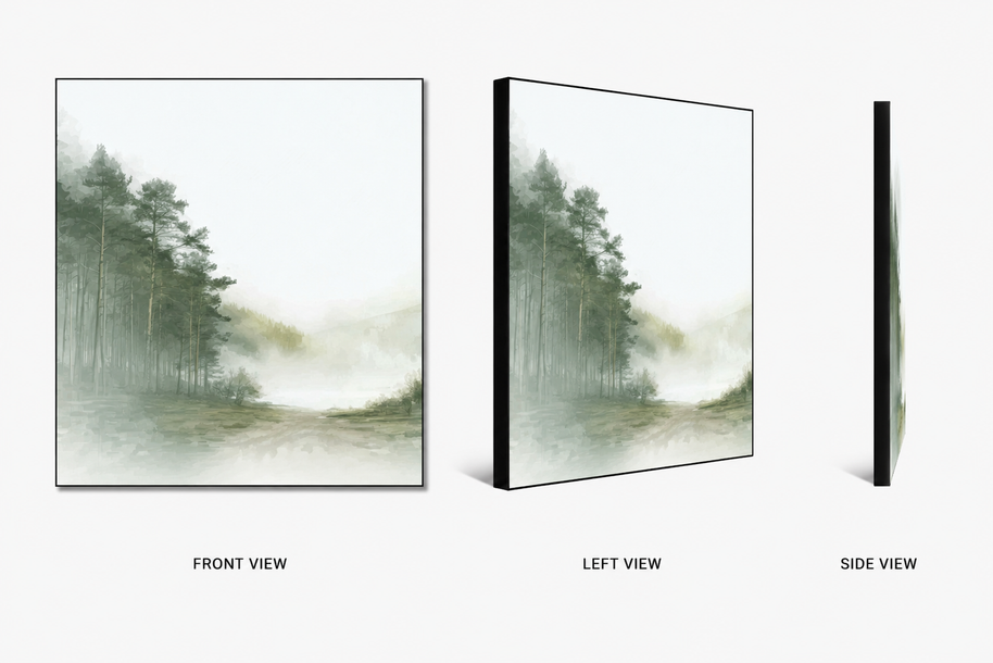Misty Path — misty forest path on swappable fabric wall art, shown in a 24x24 inch Framilie aluminum frame from front, angle and side