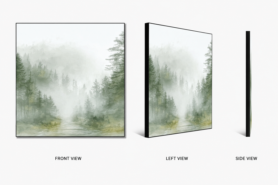 Misty Ridge — tree-covered misty ridges on swappable fabric wall art, shown in a 24x24 inch Framilie aluminum frame from front, angle and side