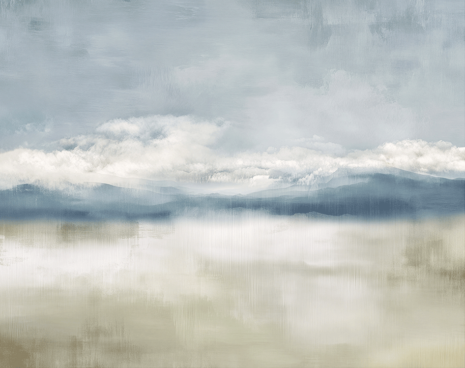 Neutral landscape wall art print with soft valley forms and misty depth, calm decor for modern interiors