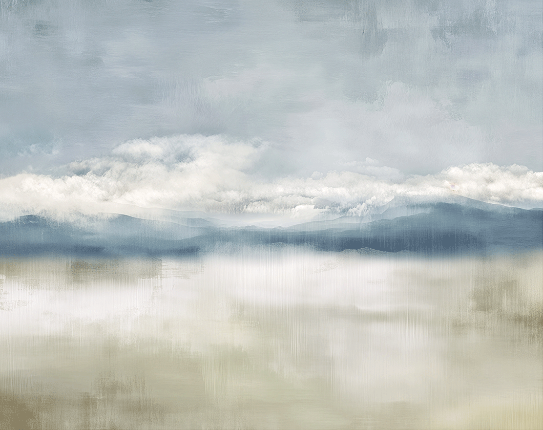 Neutral landscape wall art print with soft valley forms and misty depth, calm decor for modern interiors