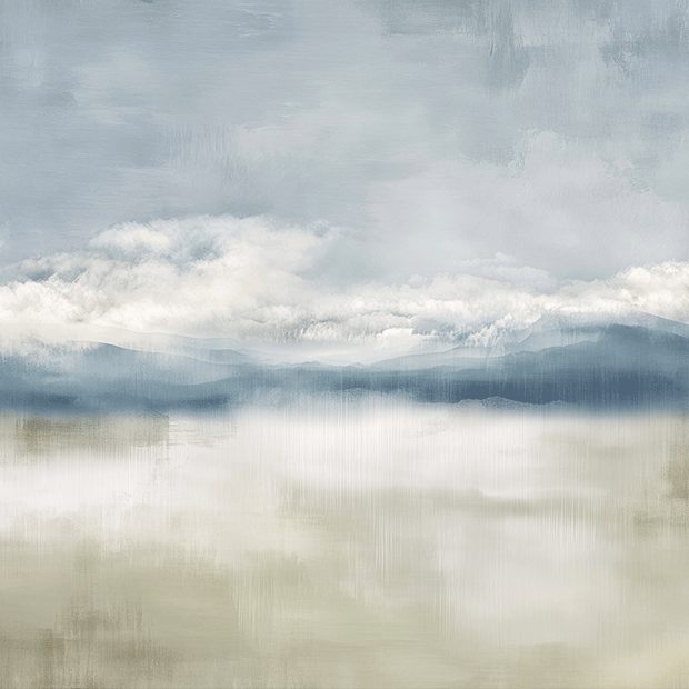 Neutral landscape wall art print with soft valley forms and misty depth, calm decor for modern interiors