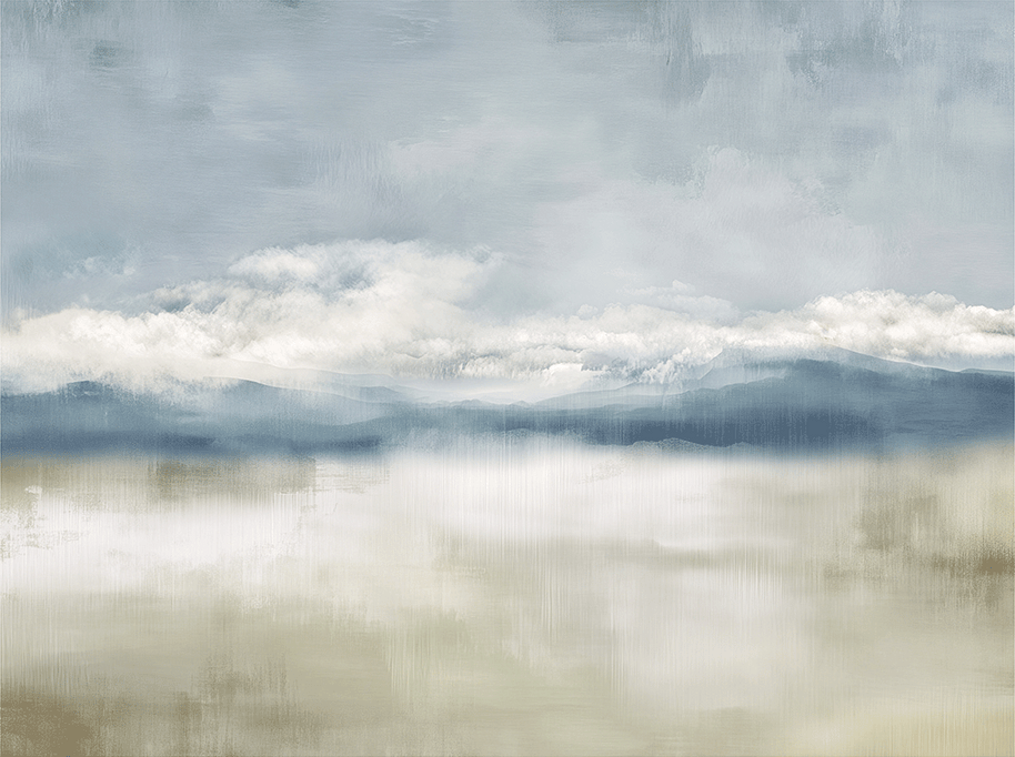 Neutral landscape wall art print with soft valley forms and misty depth, calm decor for modern interiors