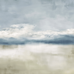 Neutral landscape wall art print with soft valley forms and misty depth, calm decor for modern interiors