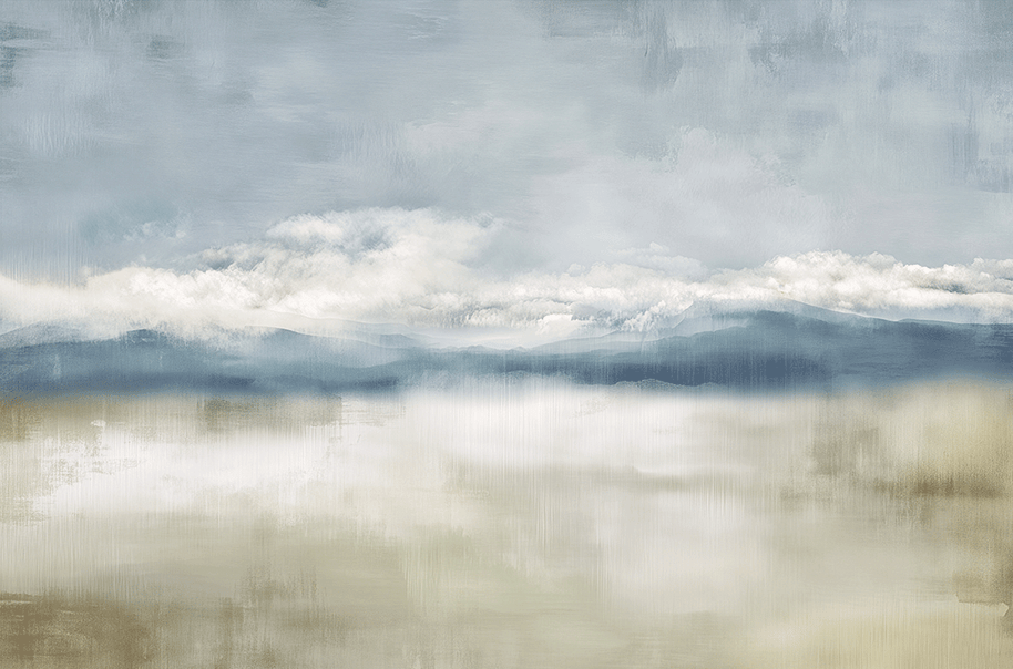 Neutral landscape wall art print with soft valley forms and misty depth, calm decor for modern interiors