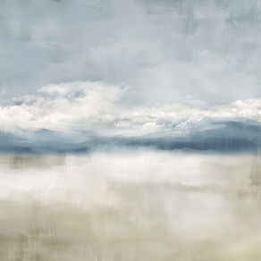 Neutral landscape wall art print with soft valley forms and misty depth, calm decor for modern interiors