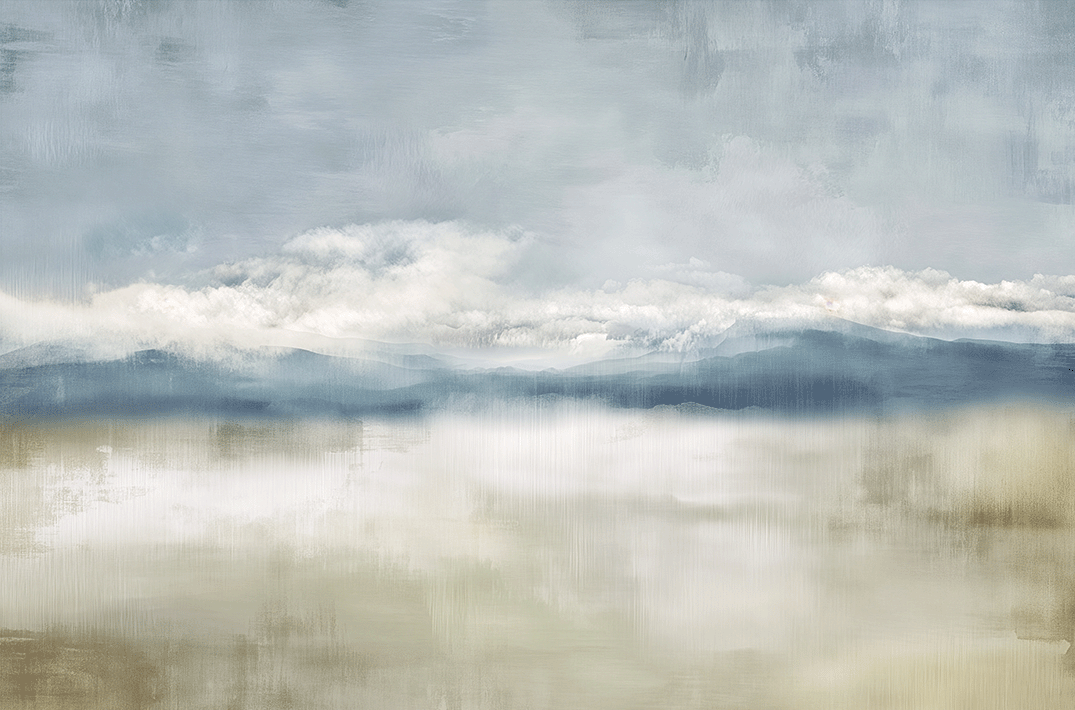 Neutral landscape wall art print with soft valley forms and misty depth, calm decor for modern interiors