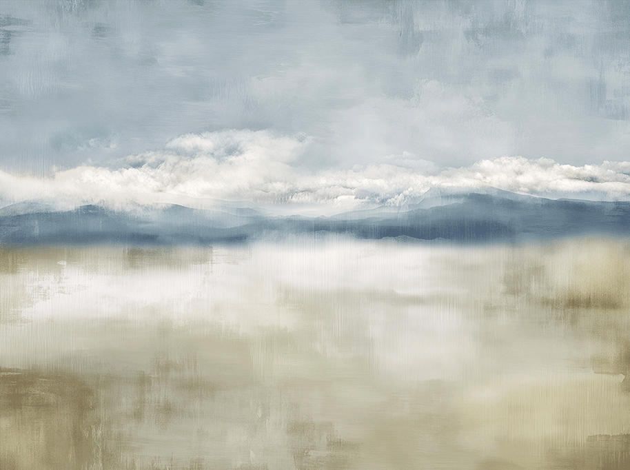 Neutral landscape wall art print with soft valley forms and misty depth, calm decor for modern interiors